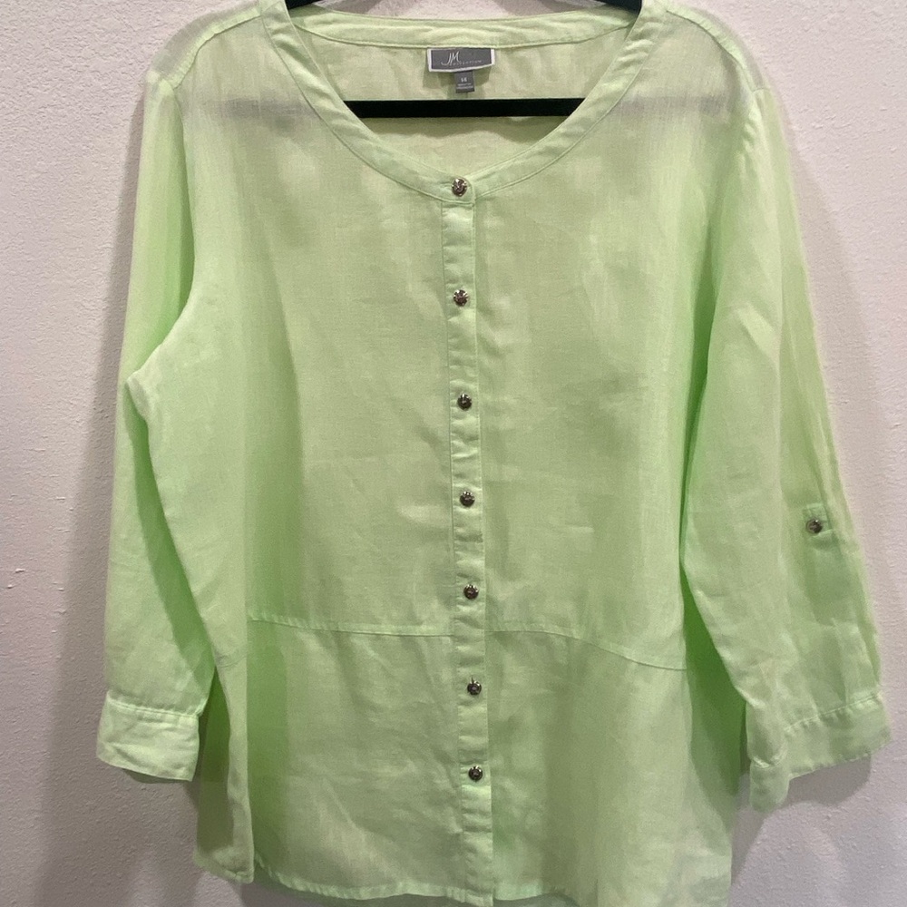 JM Collection 100%‎ Linen Shirt Womens 14 Green Button Up Long Rolled tab Sleeve
